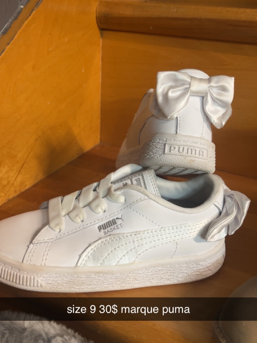 Puma Kids' White Basket Shoes with Satin Bow